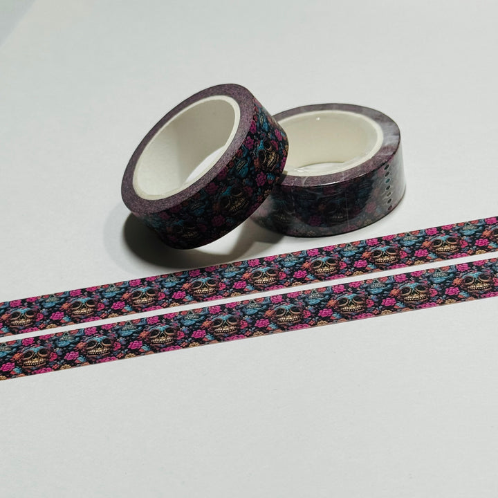 SUGAR SKULL BURRIED IN MAGENTA BLUE FLOWERS Halloween Washi Tape ~ 1 Roll ~ 15mm x 10m (33 Feet)