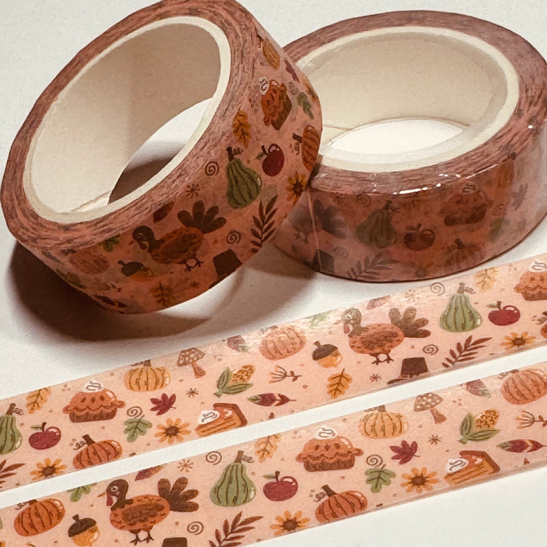 TURKEY And ALL The TRIMMINGS THANKSGIVING Washi Tape ~ 1 Roll ~ 15mm x 10m (33 Feet)