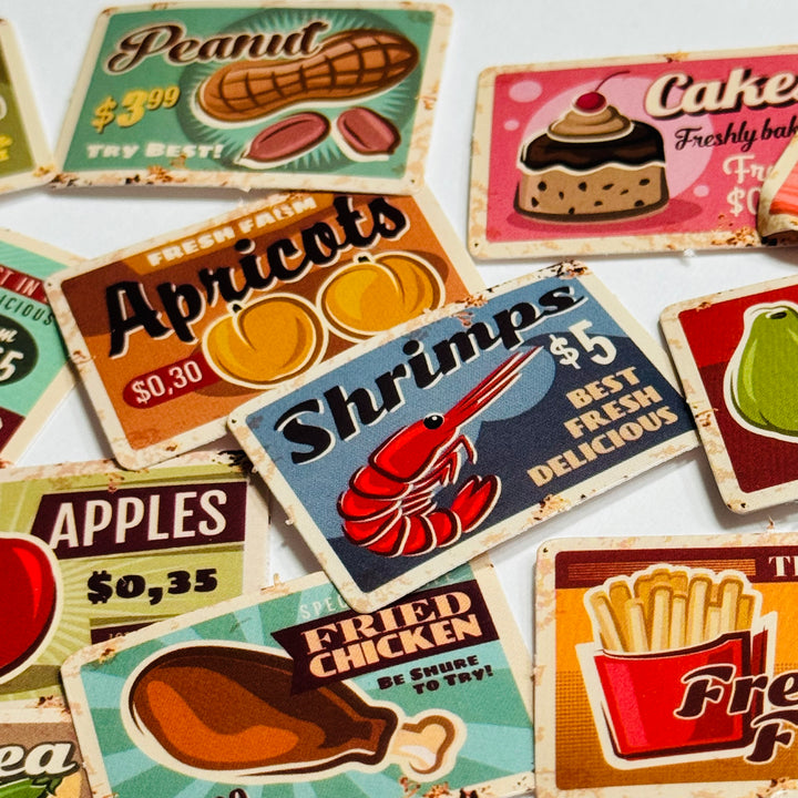 VINTAGE RETRO GROCERY FOOD Advertising Peelable Stickers  ~ 45 Pieces ~ Each Sticker is 38mm x 38mm