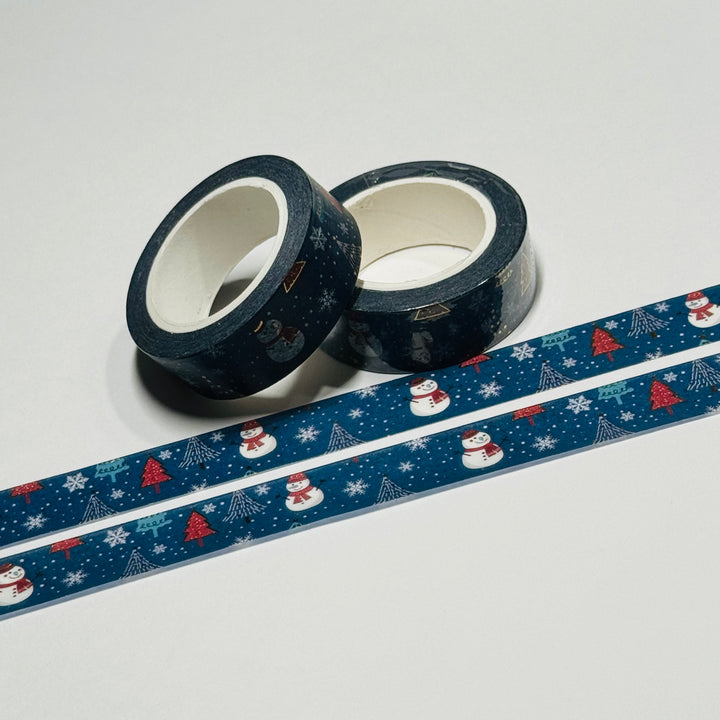 CHRISTMAS TREES & SNOWMEN NAVY Gold Foil Washi Tape ~ 1 Roll ~ 15mm x 10m (33 Feet)