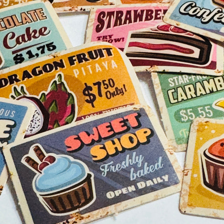 VINTAGE RETRO GROCERY FOOD Advertising Peelable Stickers  ~ 45 Pieces ~ Each Sticker is 38mm x 38mm
