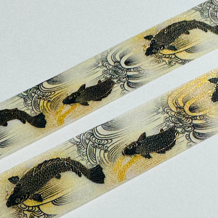 KIMONO BLACK & GOLD CARP Silver Foil Saien Washi Tape ~ 1 Roll ~ 15mm x 7m (23 Feet)