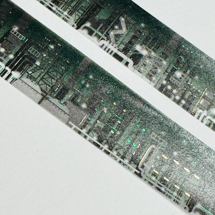 CITY SKYLINE At NIGHT in Gold & Green Foiling World Craft Washi Tape ~ 1 Roll ~ 15mm x 5m (16 Feet)
