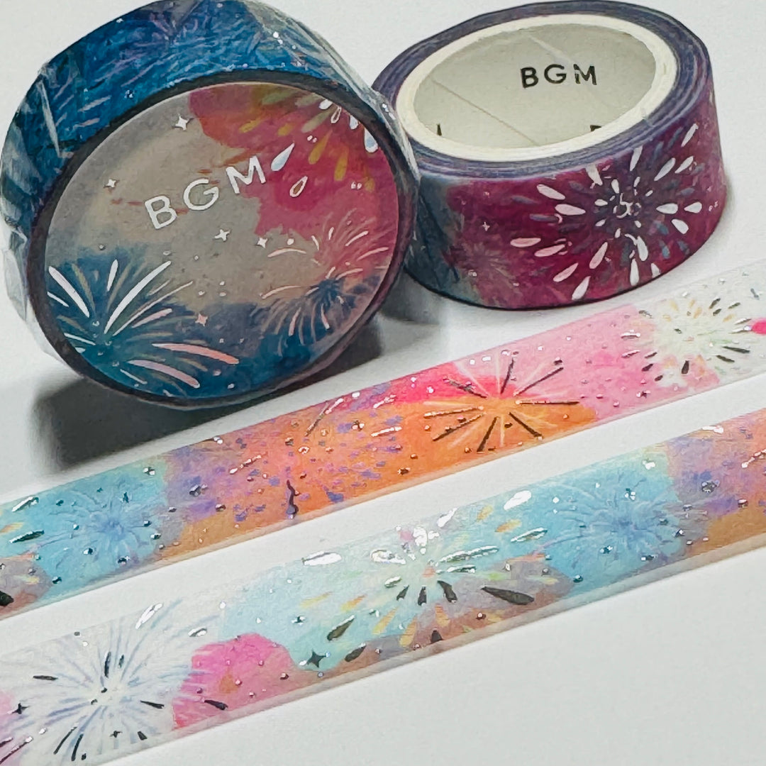 PATRIOTIC FIREWORK DISPLAY Silver Foil Planetary Washi Tape By BGM ~ 1 Roll ~ 15mm x 5m (16 Feet)