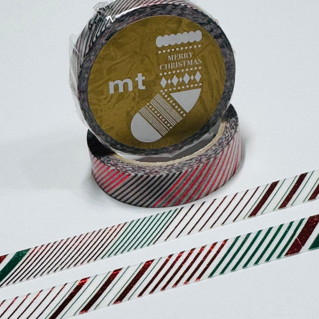 COLOR STRIPE CHRISTMAS RED & GREEN FOIL MT Washi Tape ~ 1 Roll ~ 10mm x 5m (16 Feet)