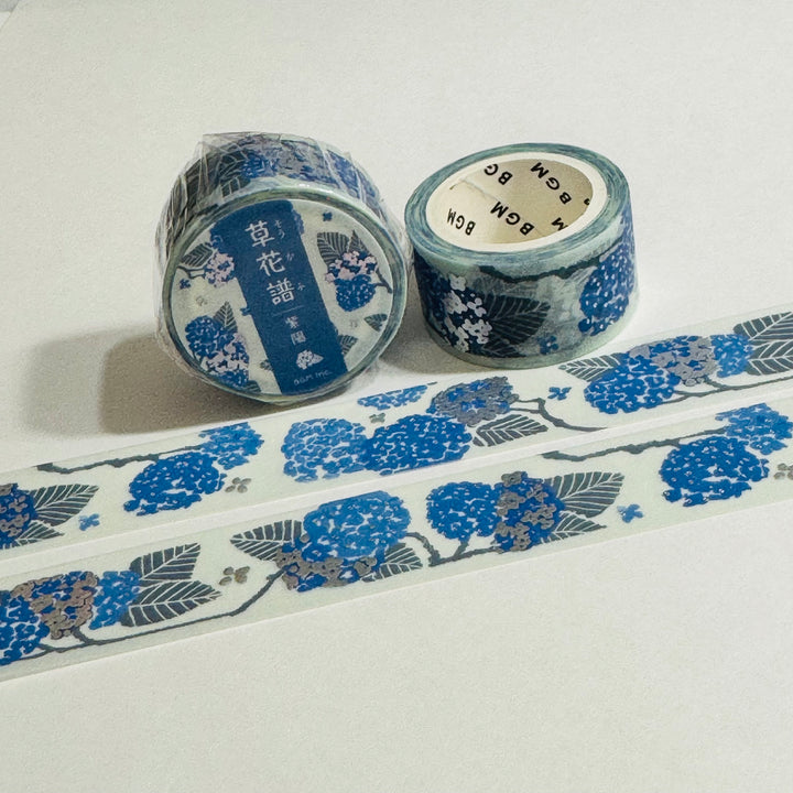 PERIWINKLE BLUE Hydrangeas Silver Foil Washi Tape Designed By BGM ~ 1 Roll ~ 20mm x 5m (16 Feet)