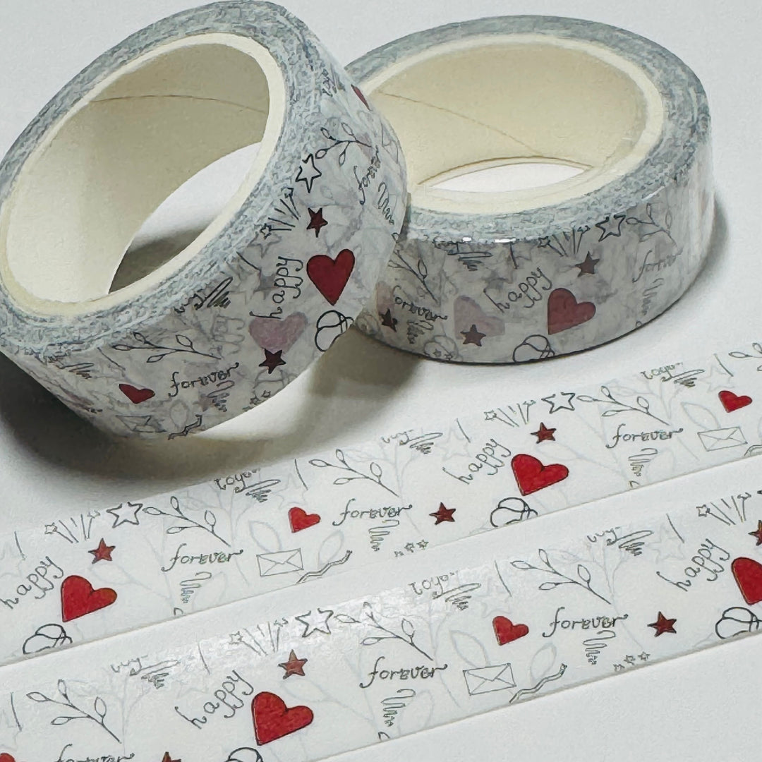 HAPPY FOREVER BLACK WHITE RED Valentine Washi Tape ~ 1 Roll ~ 15mm x 10m (33 Feet)