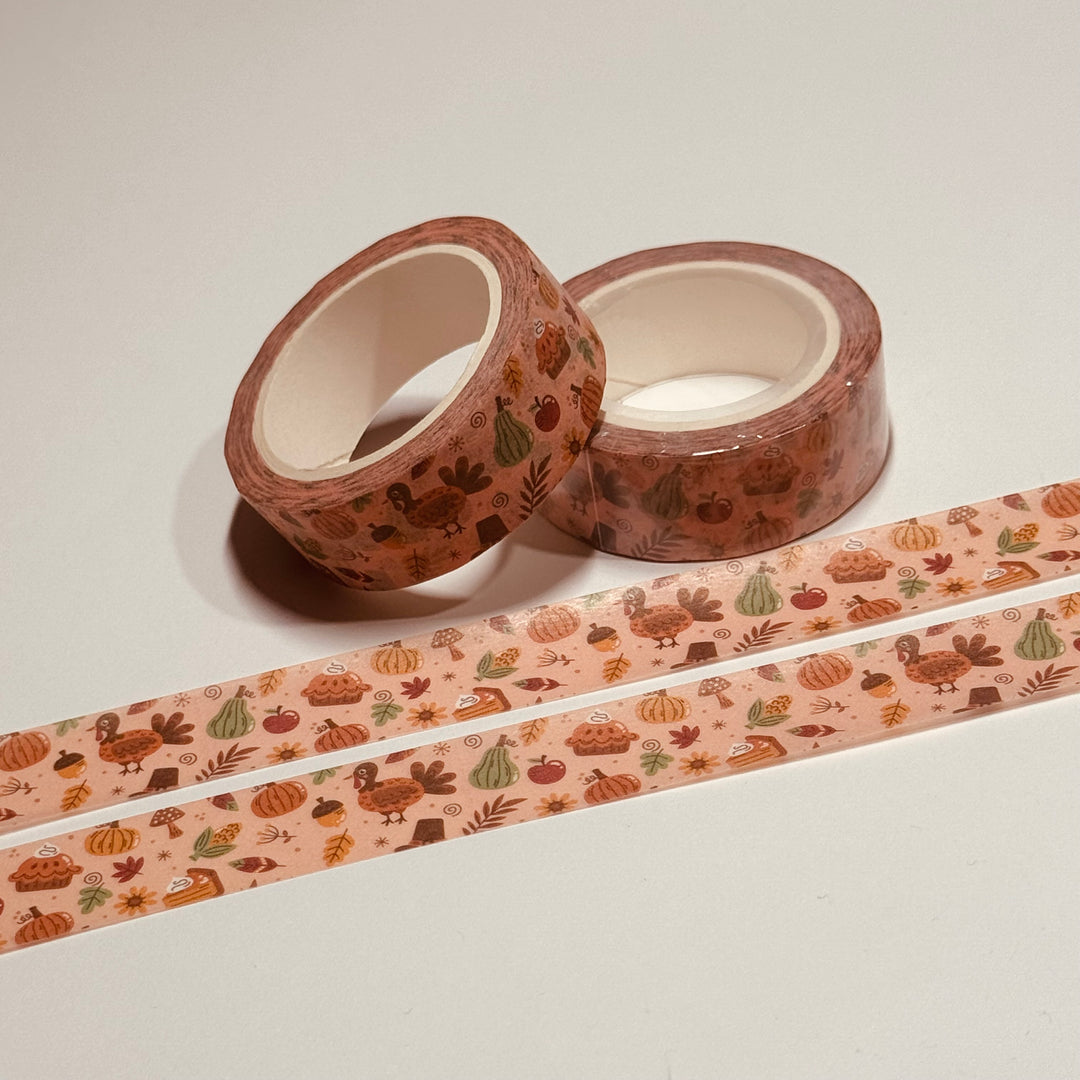 TURKEY And ALL The TRIMMINGS THANKSGIVING Washi Tape ~ 1 Roll ~ 15mm x 10m (33 Feet)