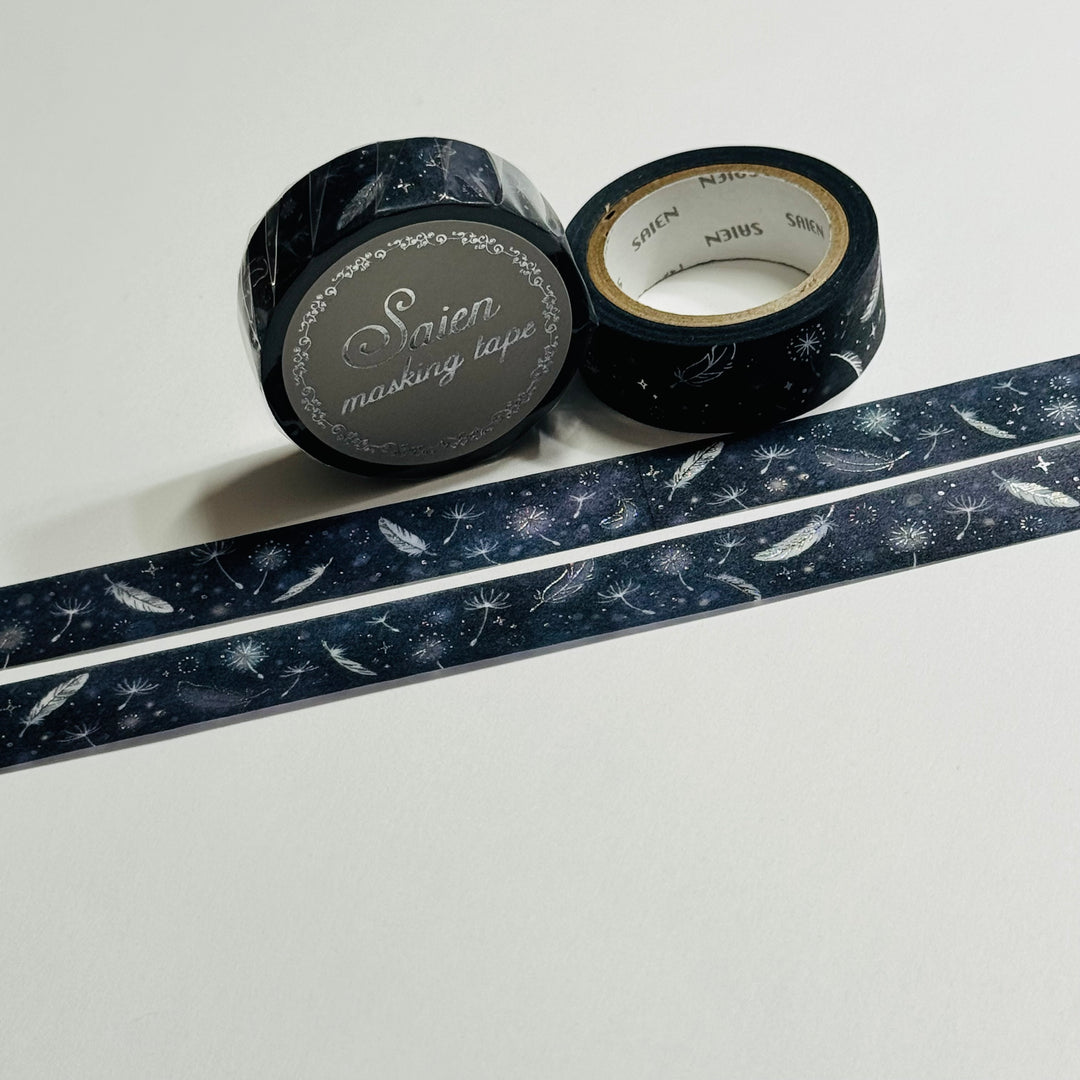 FEATHERS FLOATING THROUGH SPACE SILVER Foil Saien Masking Washi Tape ~ 1 Roll ~ 15mm x 7m (23 Feet)