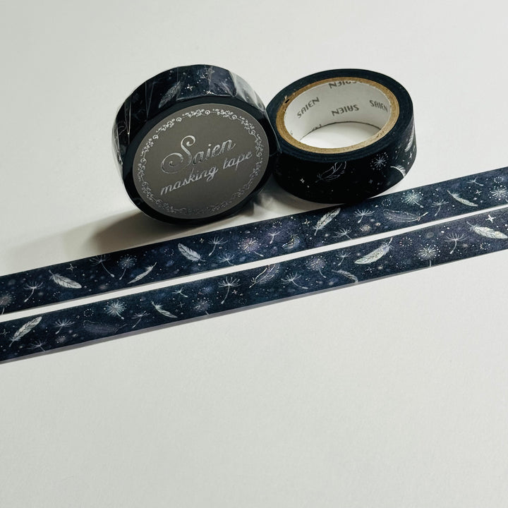 FEATHERS FLOATING THROUGH SPACE SILVER Foil Saien Masking Washi Tape ~ 1 Roll ~ 15mm x 7m (23 Feet)