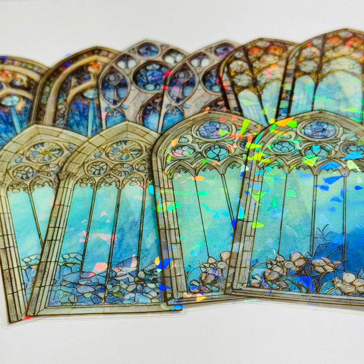 CATHEDRAL BLUE TINTED STAINED Glass Windows Gold Foil Peelable Stickers ~ 10 Large Stickers ~ 60-120mm