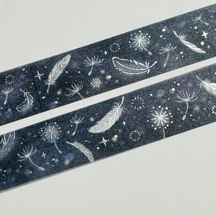 FEATHERS FLOATING THROUGH SPACE SILVER Foil Saien Masking Washi Tape ~ 1 Roll ~ 15mm x 7m (23 Feet)