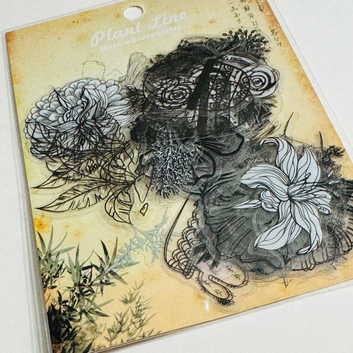 MONOCHROMATIC BLACK SKETCHED Flowers Transparent Peelable Sticker Ephemera Pack ~ 60  Pieces ~ Each Sticker is  20-50mm