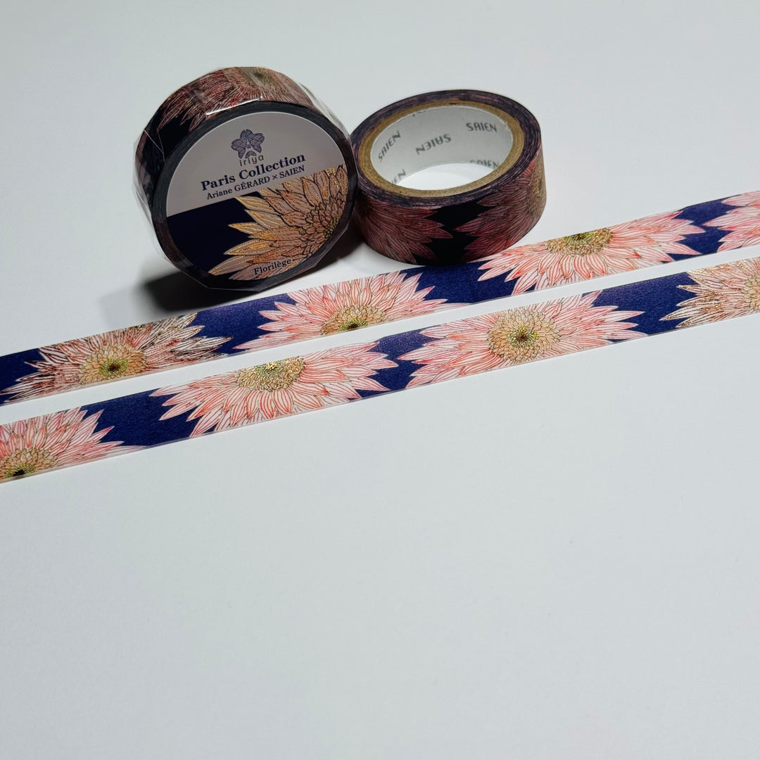 FLORILEGE GOLD FOIL CHRYSANTHEMUM Paris Collection Saien Washi Tape ~ 1 Roll ~ 15mm x 7m (23 Feet)