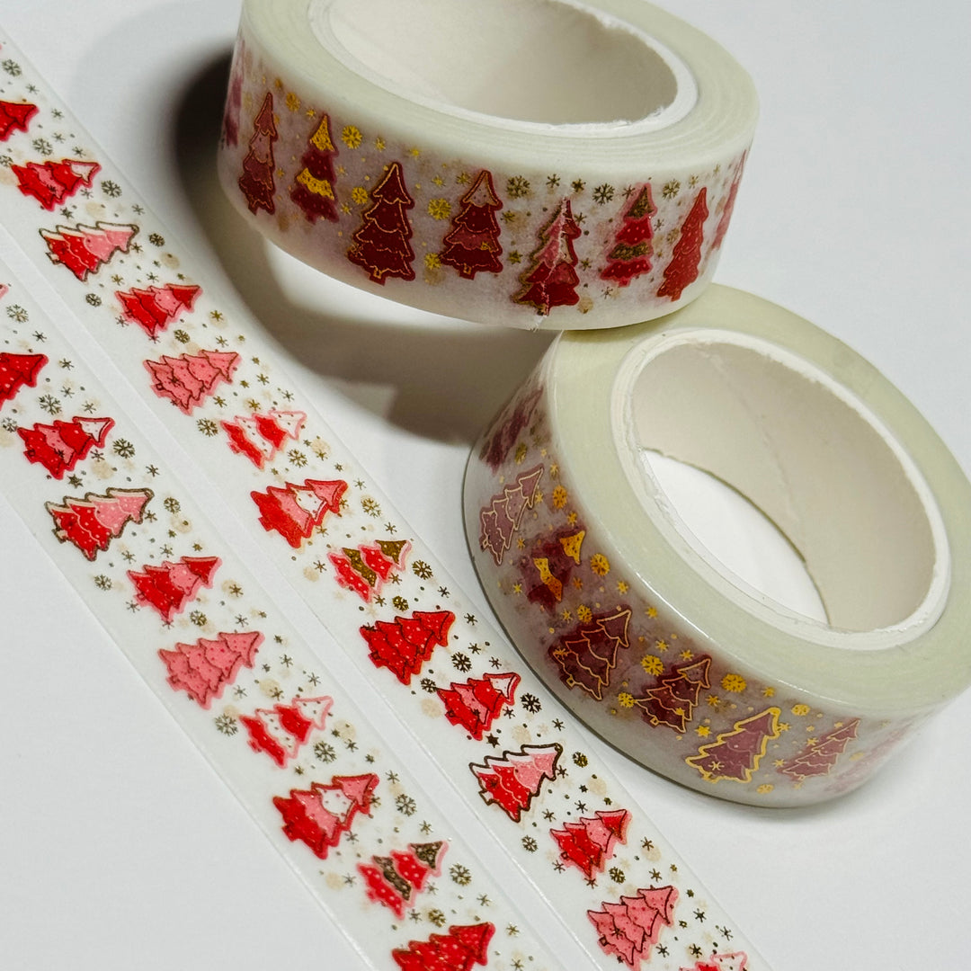 VINTAGE PINK CHRISTMAS TREES Gold Foil Washi Tape ~ 1 Roll ~ 15mm x 10m (33 Feet)