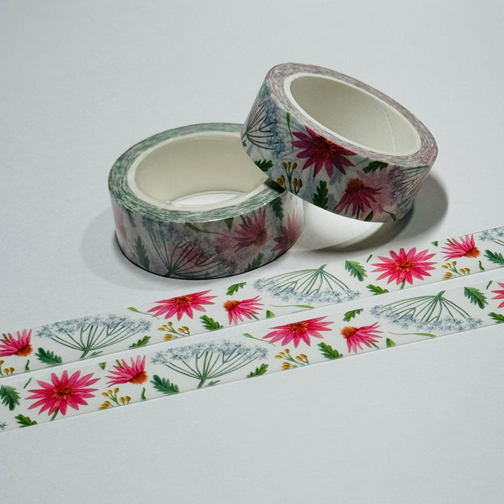 WHITE YARROW & PINK DAISIES FLORAL Washi Tape - 1 Roll - 15mm x 10m (33 Feet)