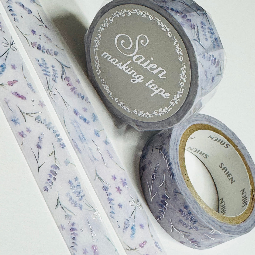 SILVER LAVENDER FLOATING FRONDS Floral Foil Saien Masking Washi Tape ~ 1 Roll ~ 15mm x 7m (23 Feet)