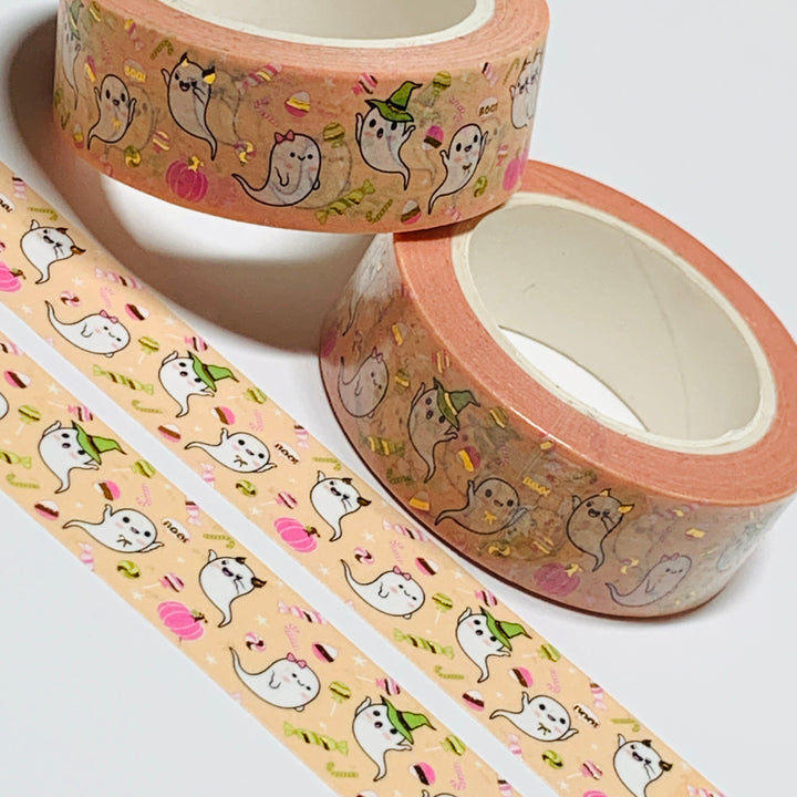 TRICK OR TREATING GHOSTS In Peach & Gold Foil Halloween Washi Tape ~ 1 Roll ~ 15mm x 10m (33 Feet)