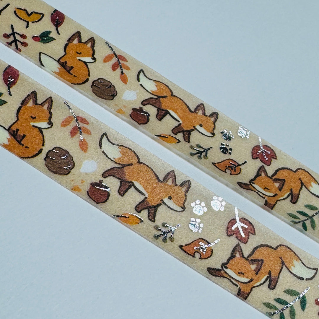 LITTLE FOXES In Silver Foil Saien Masking Washi Tape ~ 1 Roll ~ 15mm x 7m (23 Feet)