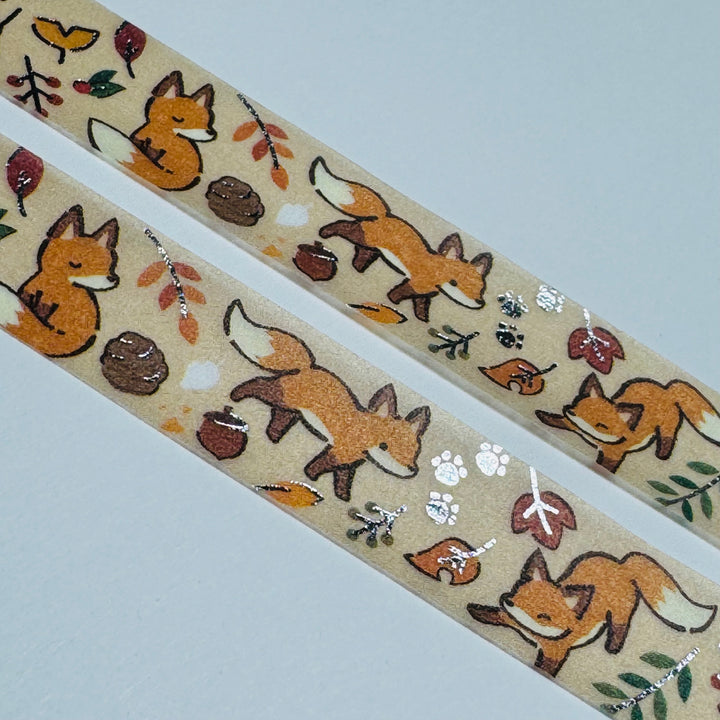 LITTLE FOXES In Silver Foil Saien Masking Washi Tape ~ 1 Roll ~ 15mm x 7m (23 Feet)