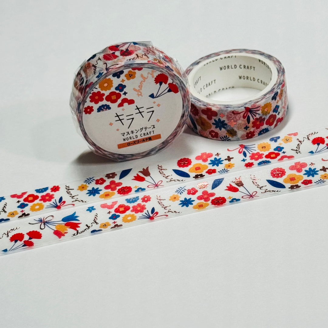 PATRIOTIC THANK YOU Rose Gold Flowers World Craft Washi Tape ~ 1 Roll ~ 15mm x 5m (16 Feet)
