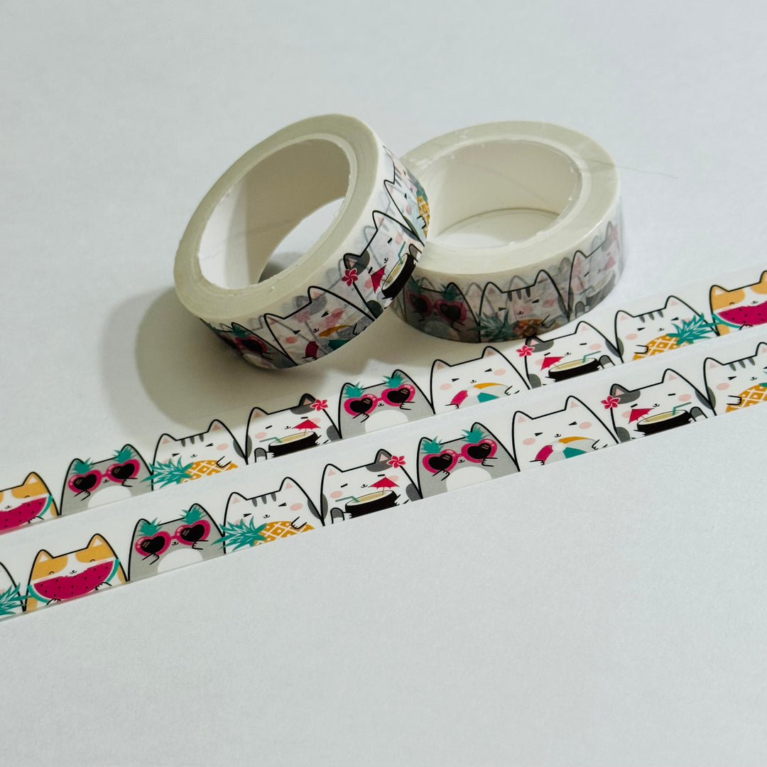 TROPICAL VACATIONING CATS Washi Tape - 1 Roll - 15mm x 10m (33 Feet)