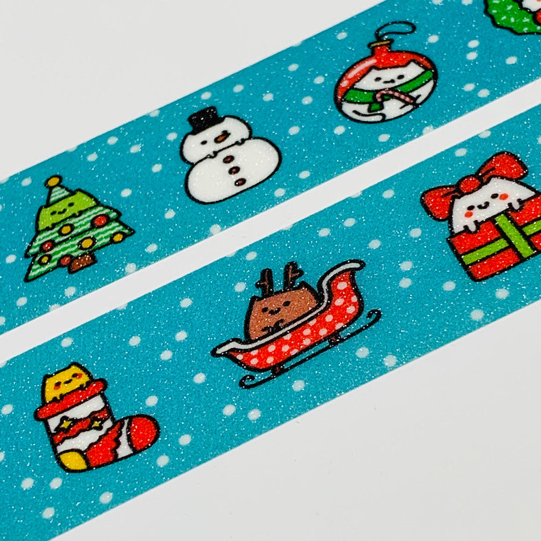 GLITTERY CAT BLUE CHRISTMAS ICONS Robot Dance Battle Washi Tape ~ 1 Roll ~ 25mm x 5m (16 Feet)