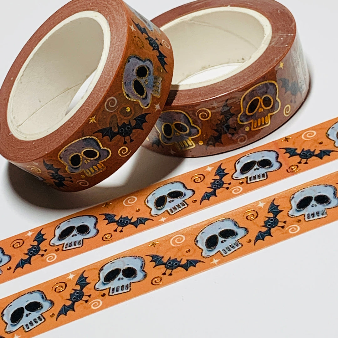 CRANIUM SKULL & BATS Gold Foil Halloween Washi Tape ~ 1 Roll ~ 15mm x 10m (33 Feet)