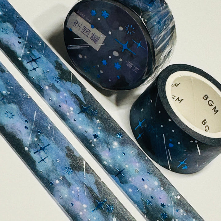 MIDNIGHT METEOR SHOWER With Blue and Silver Foil Washi Tape By BGM ~ 1 Roll ~ 20mm x 5m (16 Feet)