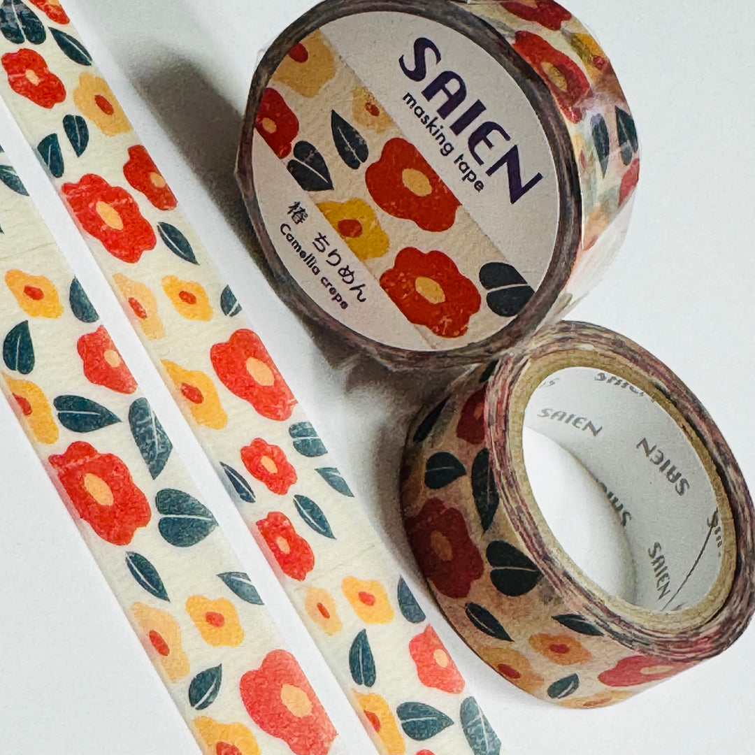 BLOOMING CAMELLIA CREPES Floral Saien Masking Washi Tape ~ 1 Roll ~ 15mm x 7m (23 Feet)