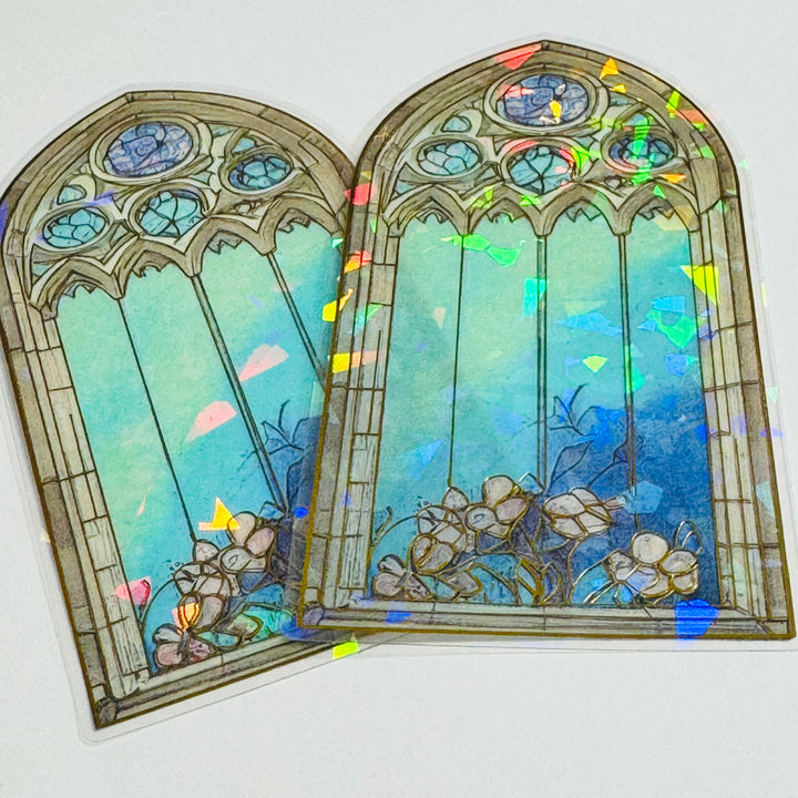 CATHEDRAL BLUE TINTED STAINED Glass Windows Gold Foil Peelable Stickers ~ 10 Large Stickers ~ 60-120mm