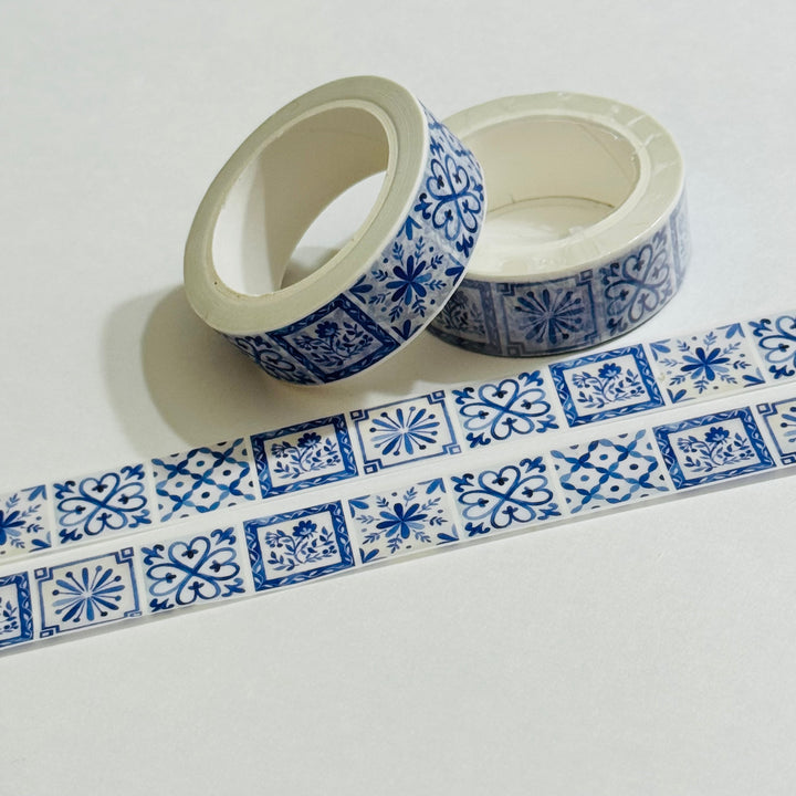 ITALIAN BLUE & WHITE Mosaic Tiles Summer Vacation Washi Tape ~ 1 Roll ~ 15mm x 10m (33 Feet)