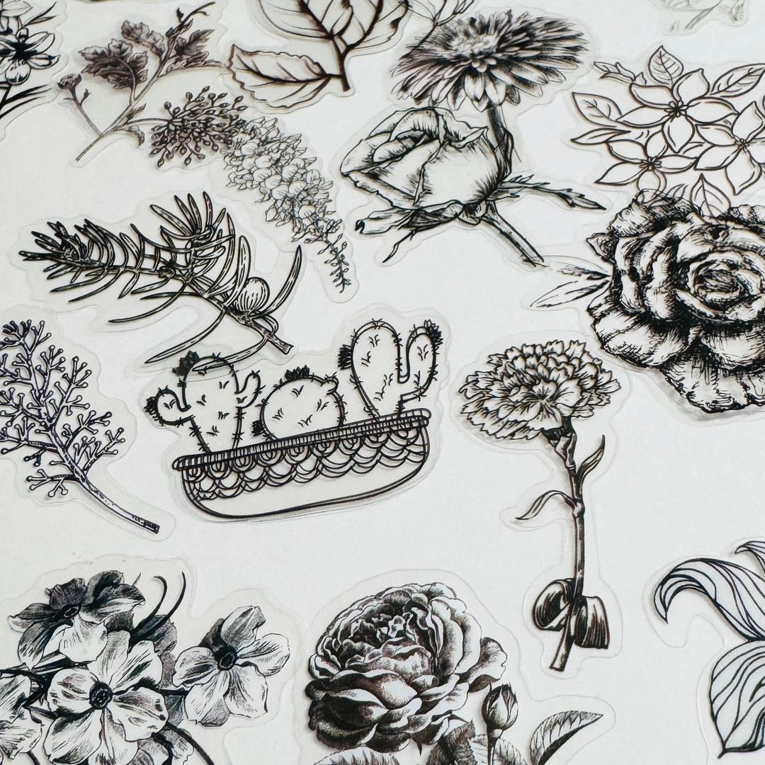MONOCHROMATIC BLACK SKETCHED Flowers Transparent Peelable Sticker Ephemera Pack ~ 60  Pieces ~ Each Sticker is  20-50mm