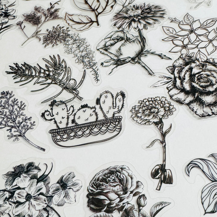 MONOCHROMATIC BLACK SKETCHED Flowers Transparent Peelable Sticker Ephemera Pack ~ 60  Pieces ~ Each Sticker is  20-50mm