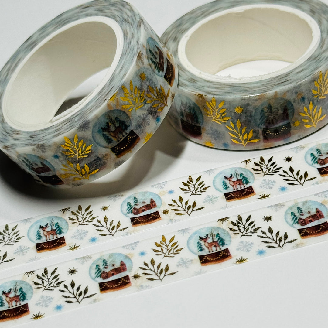 WINTER SNOWGLOBES Gold Foil Washi Tape ~ 1 Roll ~ 15mm x 10m (33 Feet)