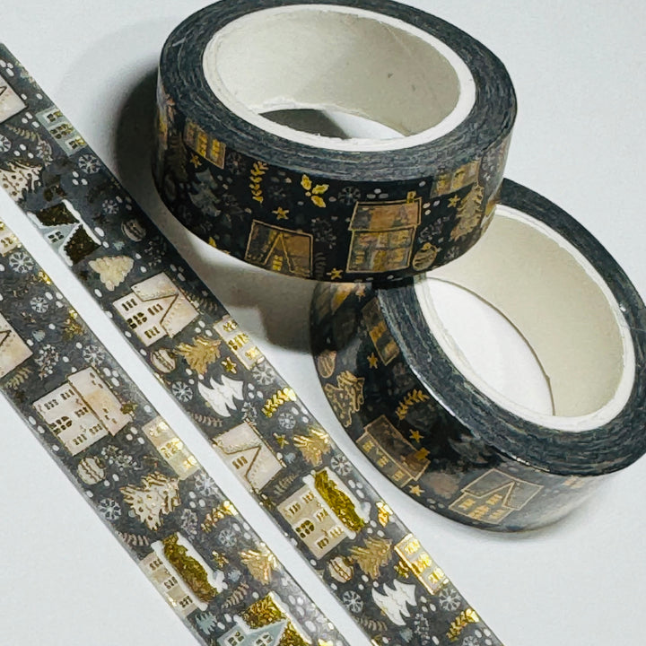 MONOCHROMATIC CHRISTMAS VILLAGE Gold Foil Washi Tape ~ 1 Roll ~ 15mm x 10m (33 Feet)