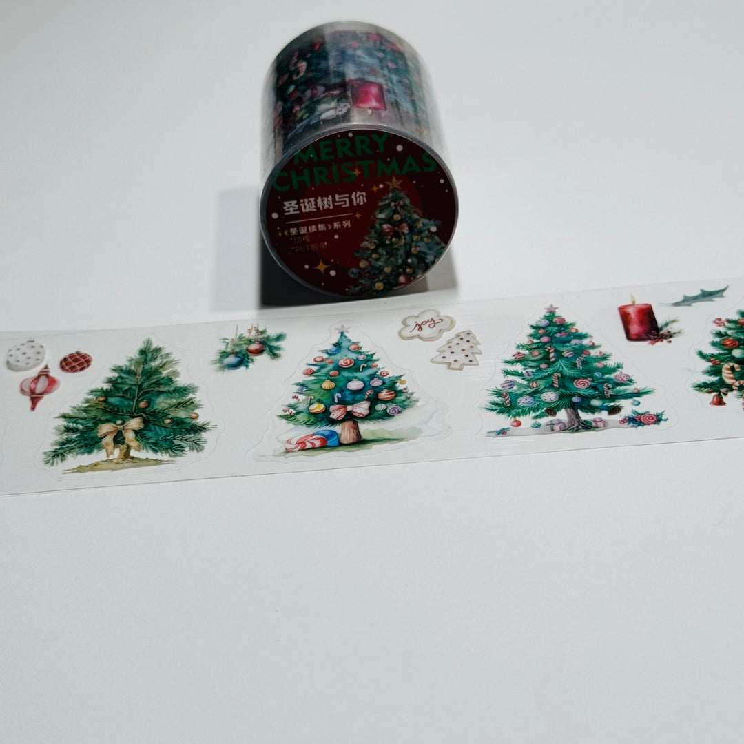 DECORATED CHRISTMAS TREES Pre-Cut PET Washi Tape ~ 1 Roll - 50mm x 2m (7 Feet of Washi Stickers)