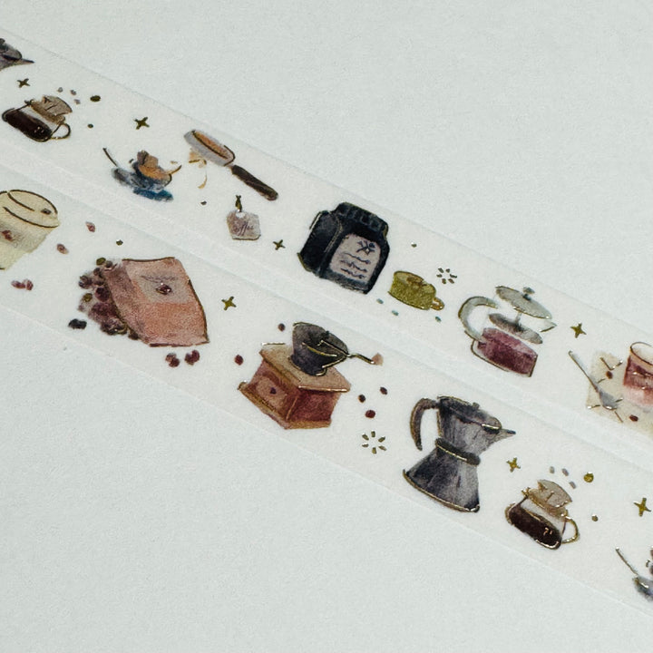 COFFEE GRINDER & French Press BGM Gold Foil Washi Tape ~ 1 Roll ~ 15mm x 5m (16 Feet)