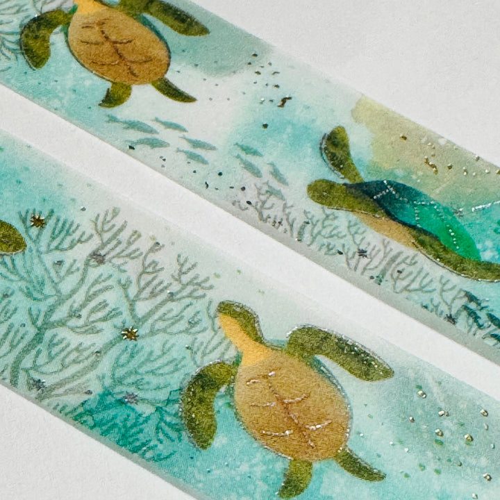 SWIMMING SEA TURTLES  Silver Foil Saien Masking Washi Tape ~ 1 Roll ~ 20mm x 5m (16 Feet)