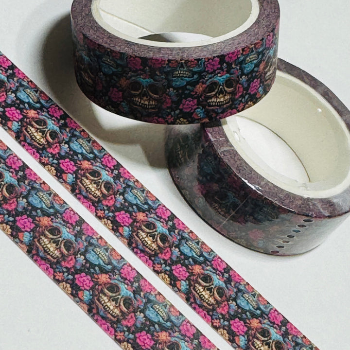 SUGAR SKULL BURRIED IN MAGENTA BLUE FLOWERS Halloween Washi Tape ~ 1 Roll ~ 15mm x 10m (33 Feet)