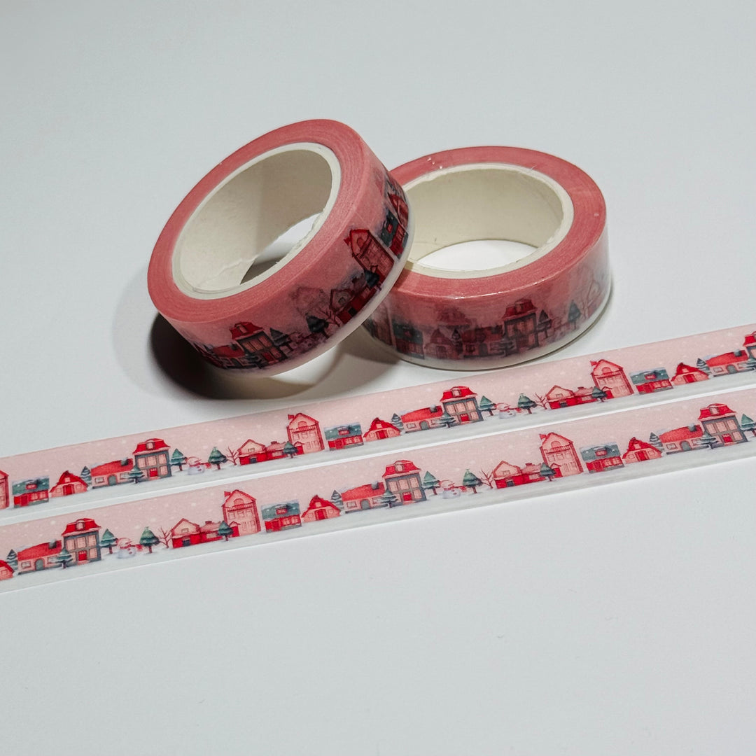 PINK CHRISTMAS TOWN Washi Tape ~ 1 Roll ~ 15mm x 10m (33 Feet)