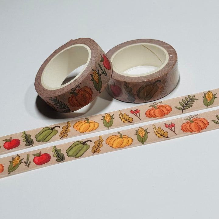 HARVEST ESSENTIALS CORN PUMPKINS & APPLES Washi Tape ~ 1 Roll ~ 15mm x 10m (33 Feet)