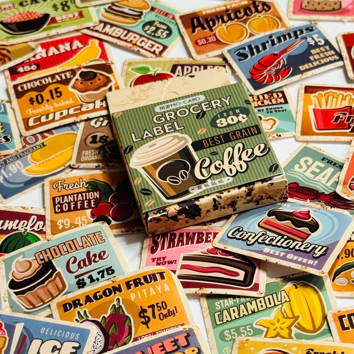 VINTAGE RETRO GROCERY FOOD Advertising Peelable Stickers  ~ 45 Pieces ~ Each Sticker is 38mm x 38mm