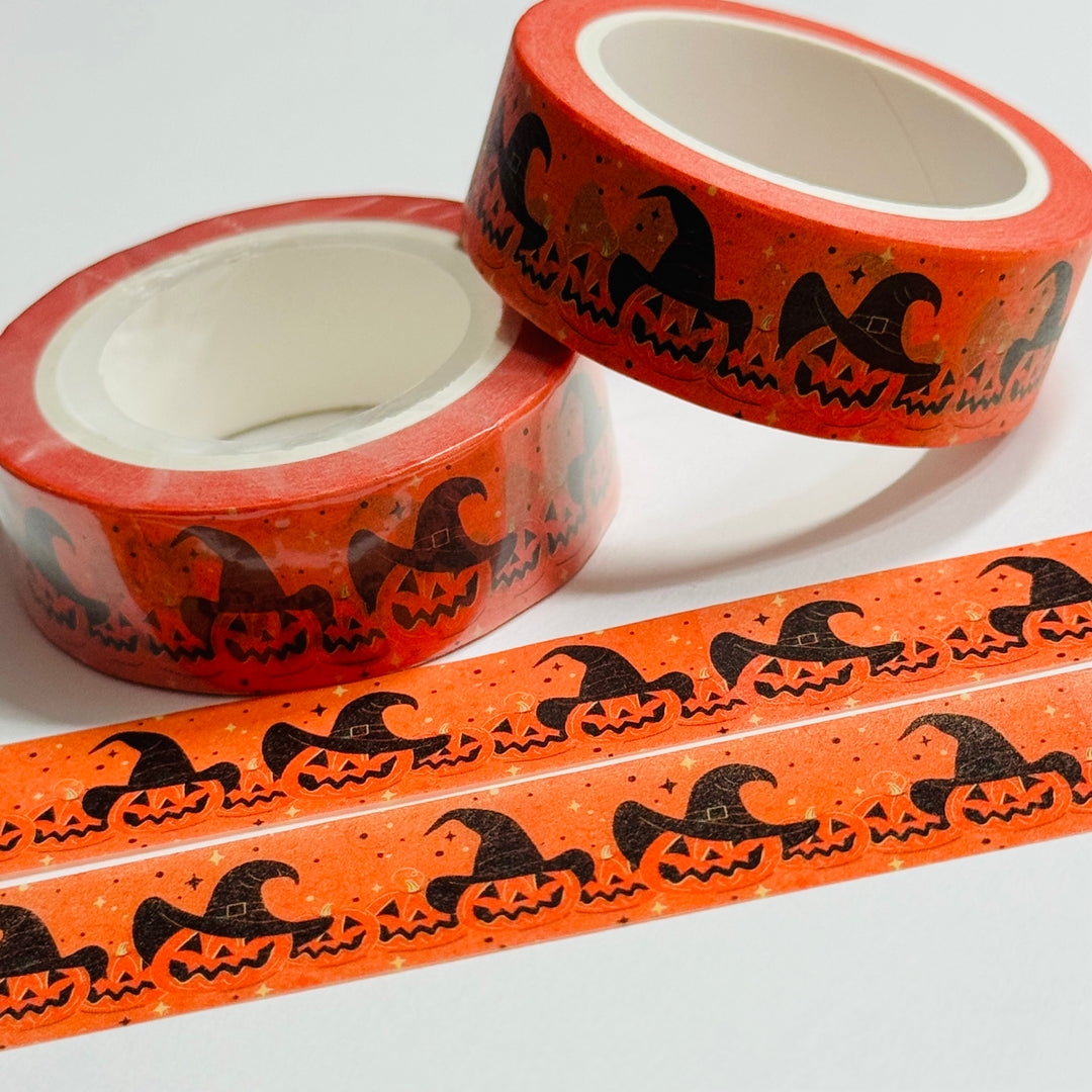 JAUNTY JACK-O-LANTERNS In WITCH HATS Halloween Washi Tape ~ 1 Roll ~ 15mm x 10m (33 Feet)