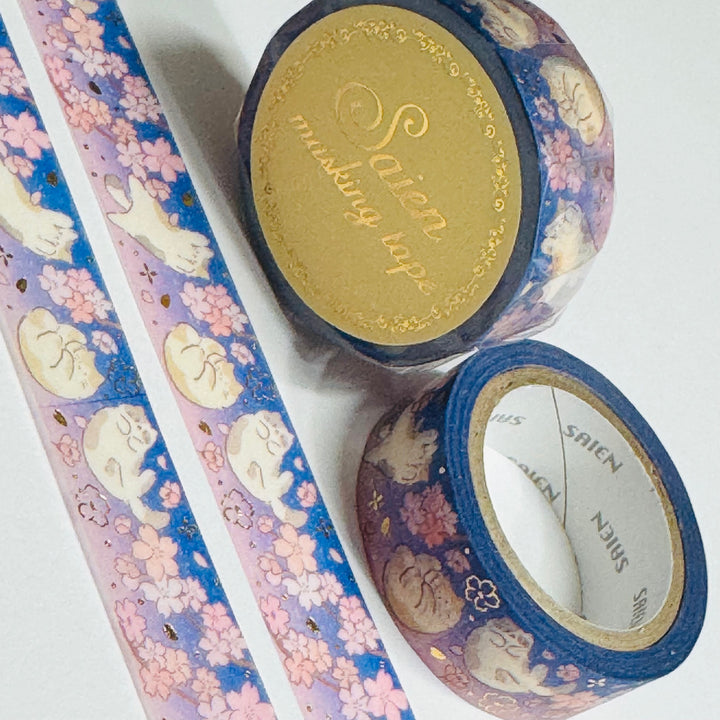 CATS ENJOYING SPRING SAKURA Gold Flower Saien Masking Washi Tape ~ 1 Roll ~ 15mm x 7m (23 Feet)