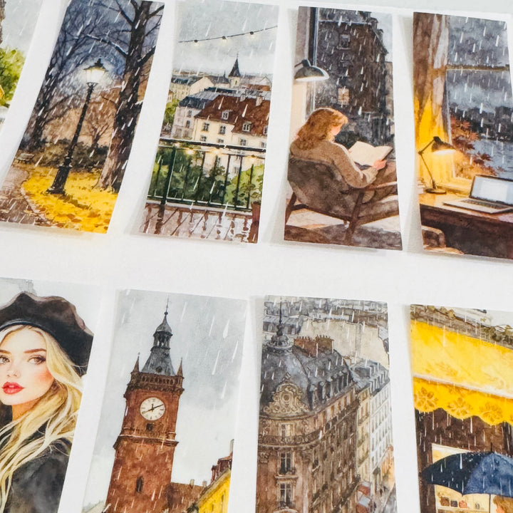 RAINY DAY GIRL In The City Ephemera Sticker Pack ~ 25 Pieces ~ 30mm x 95mm