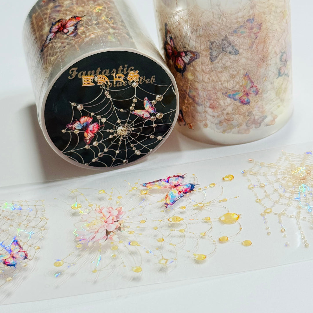 IRRIDESCENT PEACH BUTTERFLY SPIDERWEBS Halloween PET Washi Tape ~ 1 Roll ~ 50mm x 2m (7 Feet)