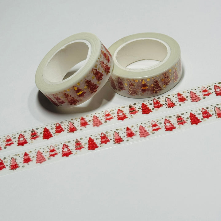 VINTAGE PINK CHRISTMAS TREES Gold Foil Washi Tape ~ 1 Roll ~ 15mm x 10m (33 Feet)