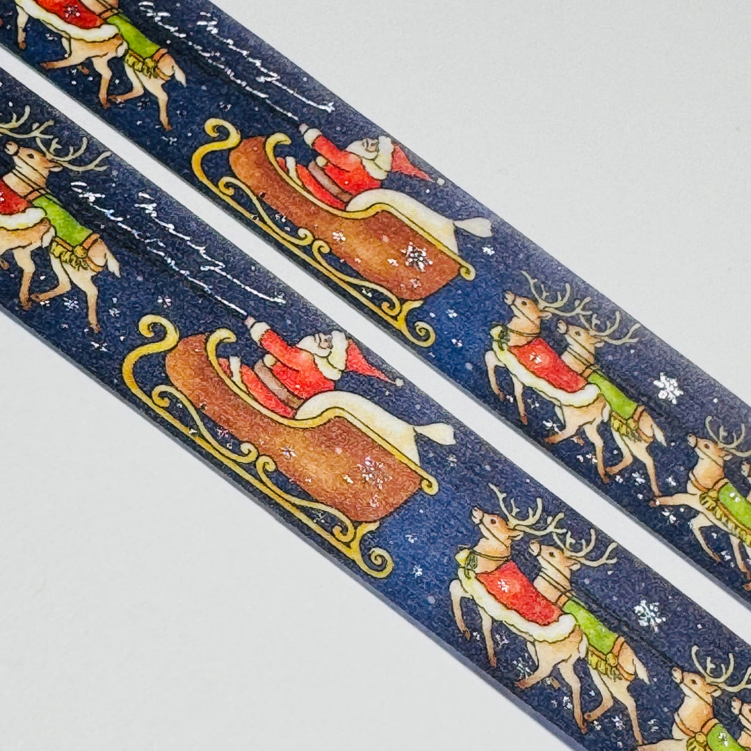 SANTA'S SLEIGH And REINDEERS Christmas Saien Silver Foil Masking Washi Tape ~ 1 Roll ~ 20mm x 5m (16 Feet)