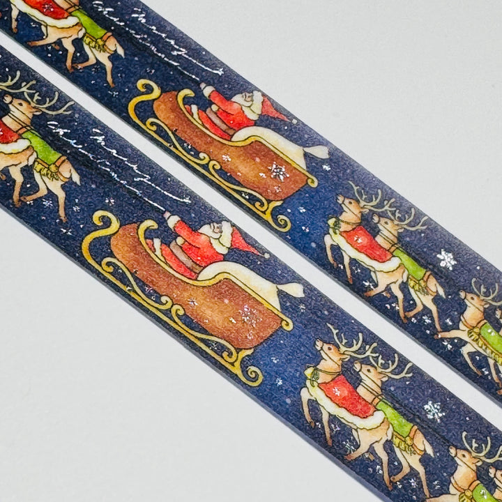 SANTA'S SLEIGH And REINDEERS Christmas Saien Silver Foil Masking Washi Tape ~ 1 Roll ~ 20mm x 5m (16 Feet)